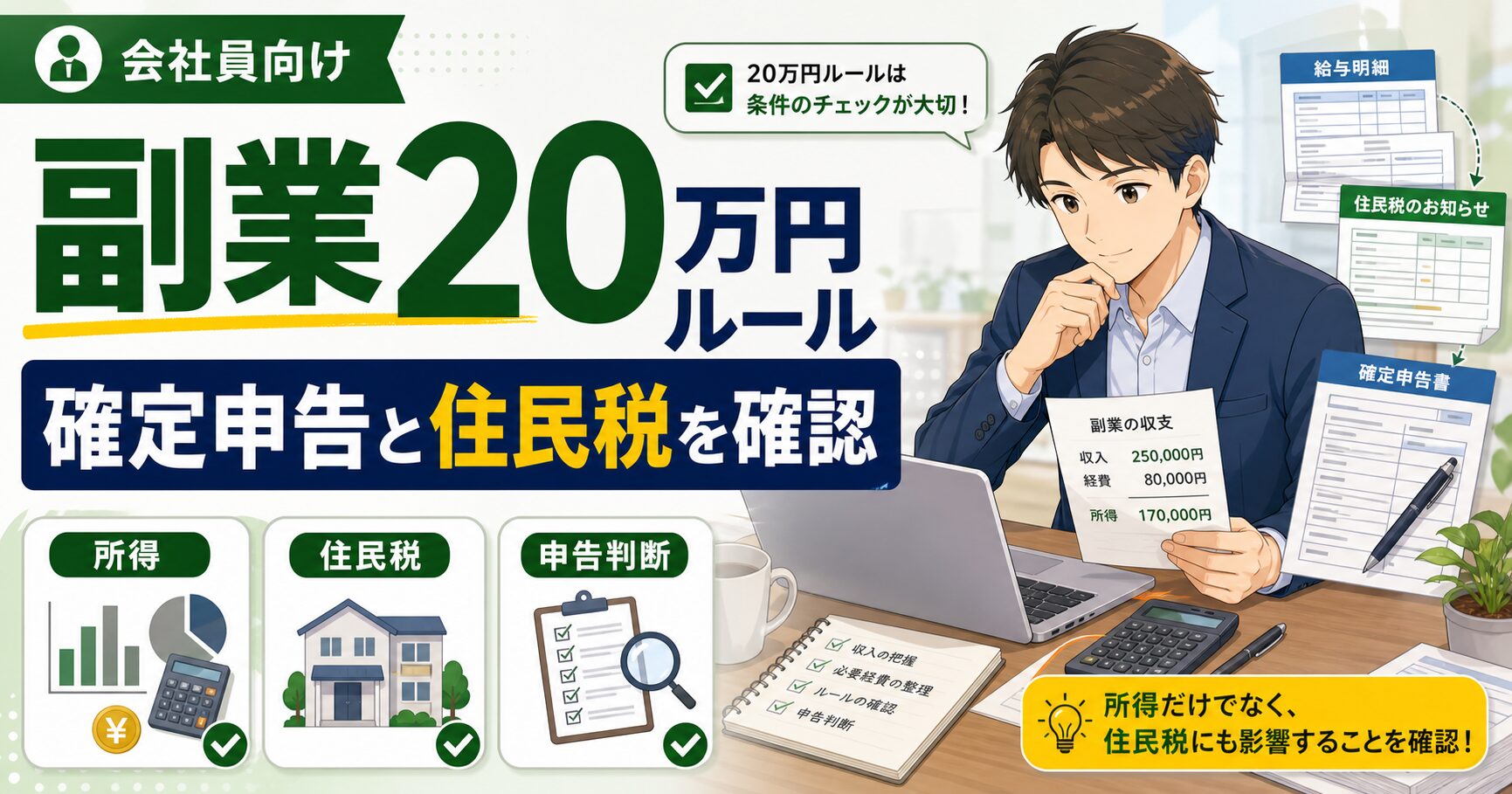 副業会社員の確定申告｜20万円ルールと住民税